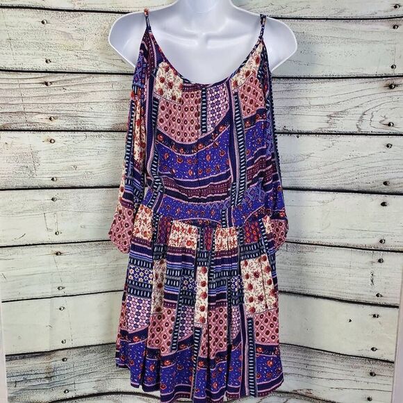 American Eagle Boho Cold Shoulder Patchwork Mini Dress Size S - Picture 5 of 8